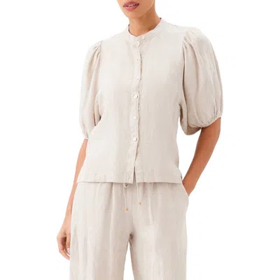 Karen Kane Puff Sleeve Linen Button-up Top In Neutral