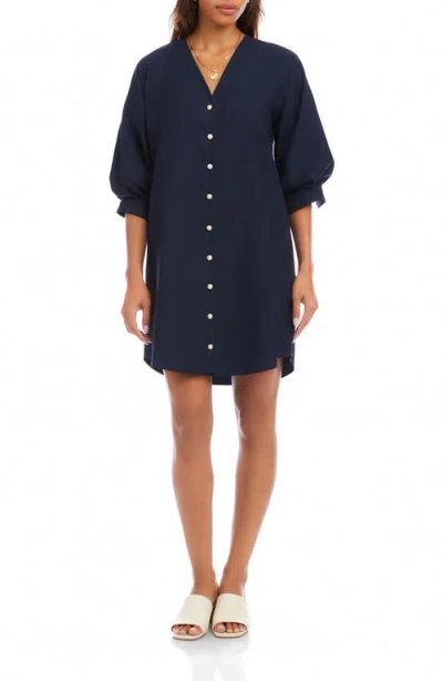 Karen Kane Puff Sleeve Pearly Button Dress In Blue
