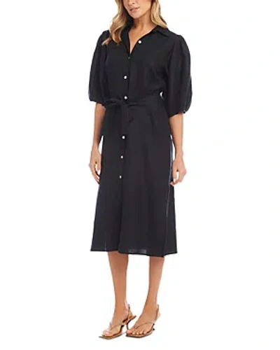 Karen Kane Puff Sleeve Linen Midi Shirtdress In Black