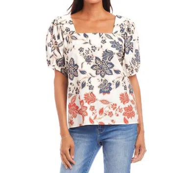 Karen Kane Puff Sleeve Square Neck Poplin Print Top In Multi In Blue