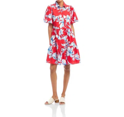 KAREN KANE PUFF SLEEVE TIERED SHIRTDRESS IN BLUE AND WHITE FLOWER PRINT ON RED