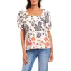 Karen Kane Puff Sleeve Square Neck Poplin Print Top In Multi In White Floral Print