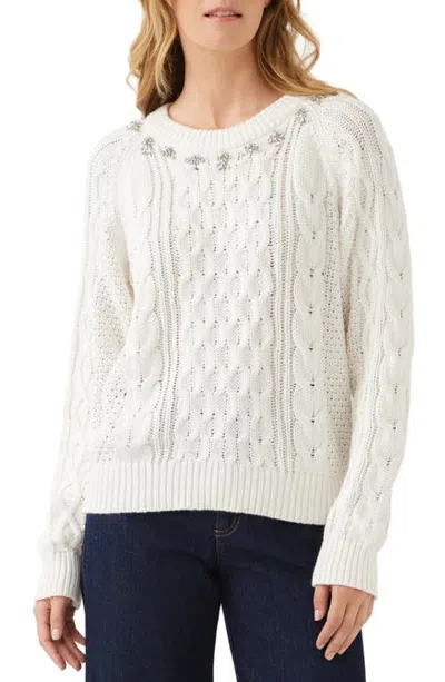Karen Kane Rhinestone Crewneck Cotton & Cashmere Sweater In White
