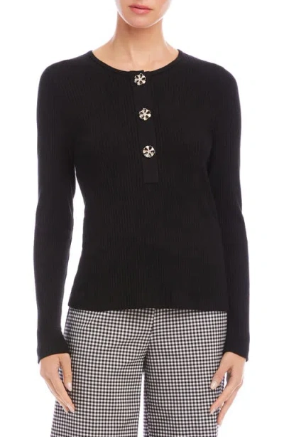 Karen Kane Long Sleeve Ribbed Flower Button Detail Top In Black In Animal Print
