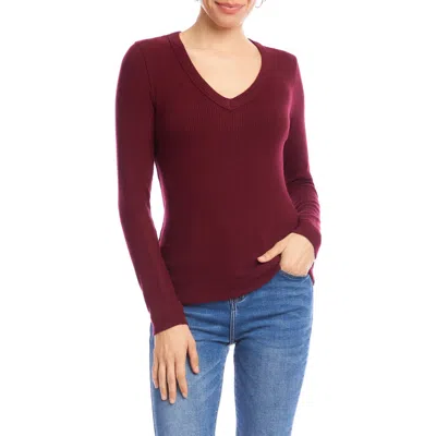 Karen Kane Long Sleeve Ribbed V-neck Top In Wine In Brown