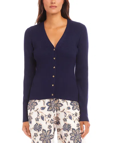 Karen Kane Ribbed V Neck Cardigan Sweater In Navy
