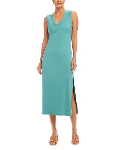 Karen Kane Ribbed V Neck Midi Column Dress In Aqua