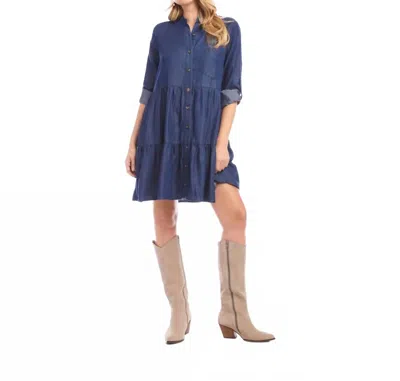 Karen Kane Rosalind Roll Tab Tiered Mini Shirtdress In Chambray In Blue