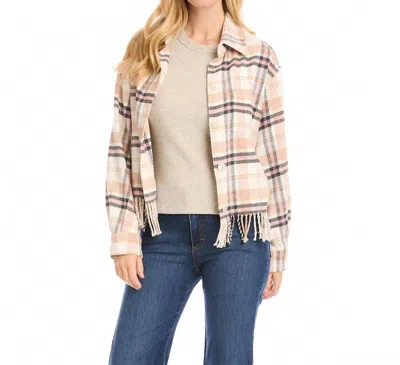 Karen Kane Rose Plaid Fringe Shirt Jacket In Pink, Black And White In Multi