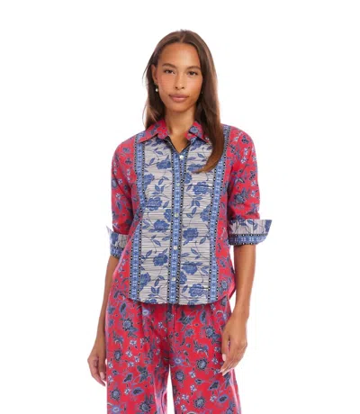 Karen Kane Ruched Sleeve Border Print Shirt - Petite In Red In Pink