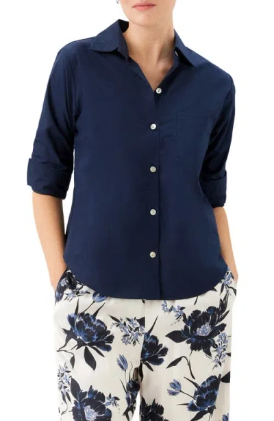 Karen Kane Ruched Sleeve Cotton Button-up Shirt In Blue