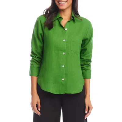 Karen Kane Ruched Sleeve Linen Button-up Shirt In Green