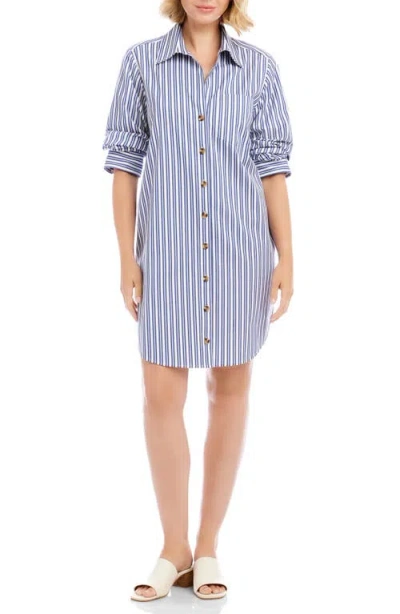 Karen Kane Stripe Ruched Sleeve Shirtdress In Blue With Off White In Multi