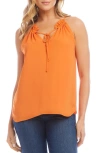 Karen Kane Ruffle Tie Neck Crepe Sleeveless Top In Tangerine