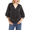 Karen Kane Satin Lantern Sleeve Button-up Shirt In Black
