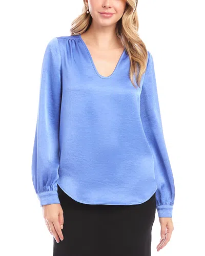 Karen Kane Satin Shirred Blouse In Blue