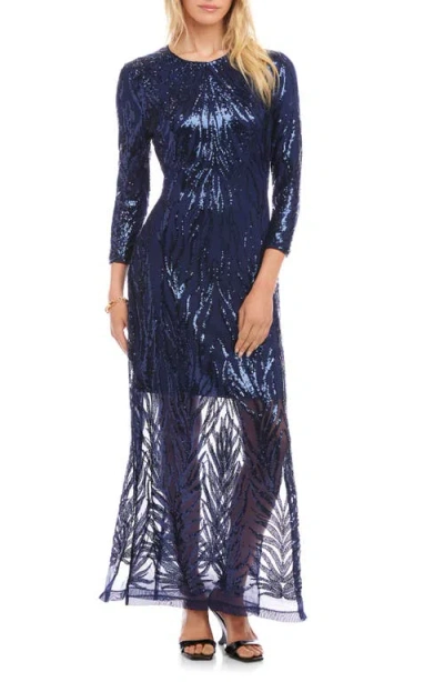 Karen Kane Sequin Long Sleeve Evening Gown In Blue