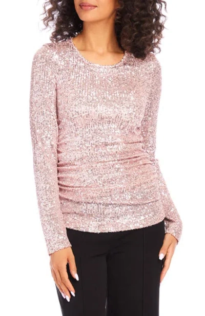 Karen Kane Sequin Ruched Long Sleeve Top In Pink