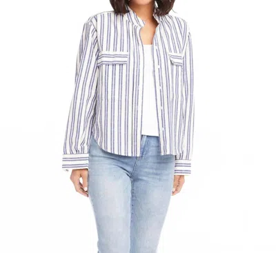 Karen Kane Sevil Stripe Shirt Jacket In White With Denim Blue Stripes In Multi