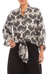 Karen Kane Shell Print Tie Front Linen Button-up Top In Black/white Print