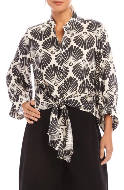 Karen Kane Shell Print Tie Front Linen Button-up Top In Black/white Print