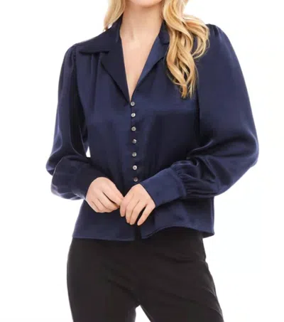Karen Kane Shirred Satin Blouse In Navy