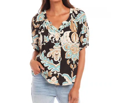 Karen Kane Short Puff Sleeve Button Front Peasant Top In Floral Print