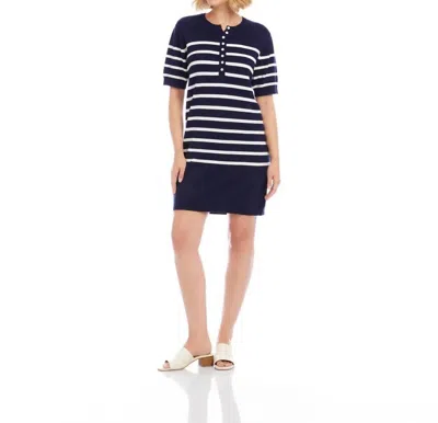Karen Kane Short Sleeve Henley Sweater Dress In Navy With Off White In Multi