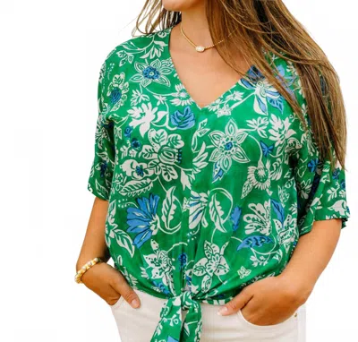Karen Kane Short Sleeve Tie Front Top In Print In Green