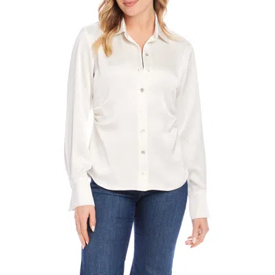 Karen Kane Side Pleat Satin Button-up Shirt In Cream In White