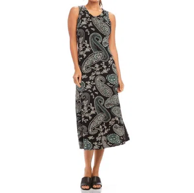 Karen Kane Sleeveless Midi Dress In Aqua Color Paisley Print On Black