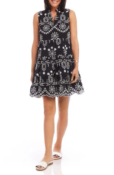 Karen Kane Eyelet Embroidered Sleeveless Tiered Cotton Dress In Black