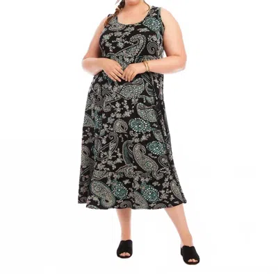 Karen Kane Sleeveless Tiered Midi Dress - Plus In Aqua Color Paisley Print On Black In Multi
