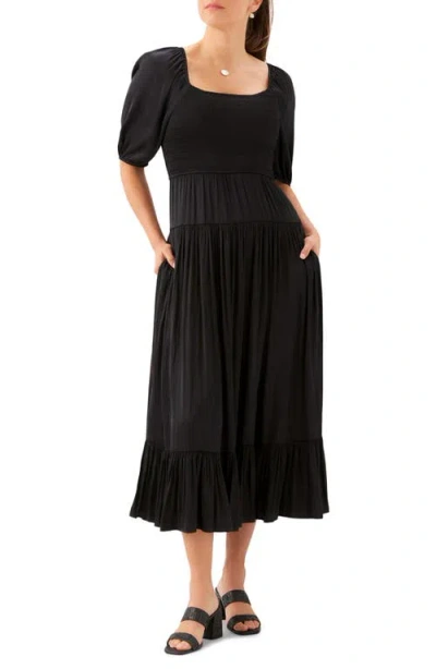 Karen Kane Blouson Sleeve Smocked Midi Dress In Black