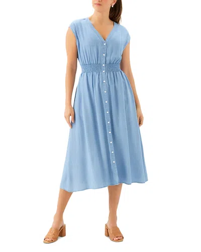Karen Kane Smocked Waist Chambray Button-up Midi Dress In Blue
