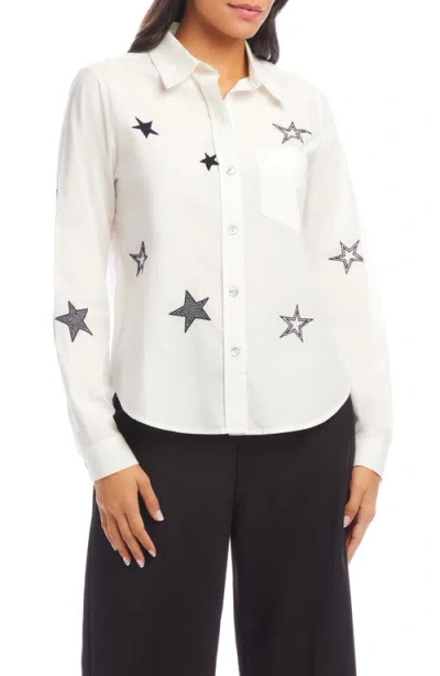 Karen Kane Star Embroidered Cotton Button-up Shirt In White