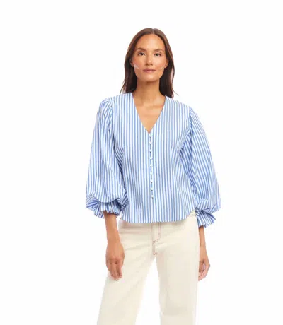 Karen Kane Starling Stripe Layered Sleeve Shirred Blouse In Blue/ White