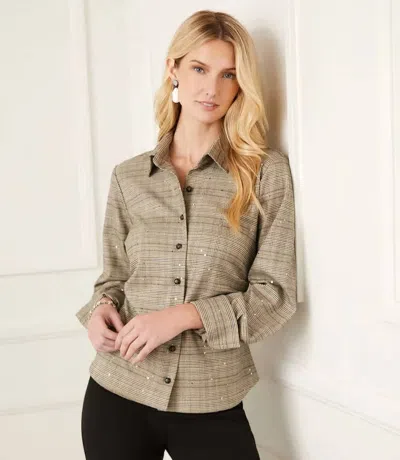 Karen Kane Stevie Sequin Side-pleat Long Sleeve Shirt In Dark Tan In Brown