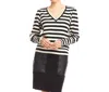 Karen Kane Stripe Bishop Sleeve V-neck Top In Black With Cream In Black