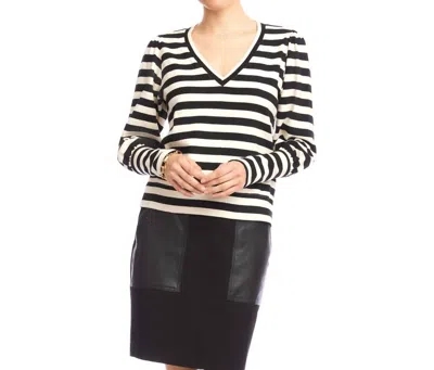 KAREN KANE STRIPE BISHOP SLEEVE V-NECK TOP IN BLACK WITH CREAM