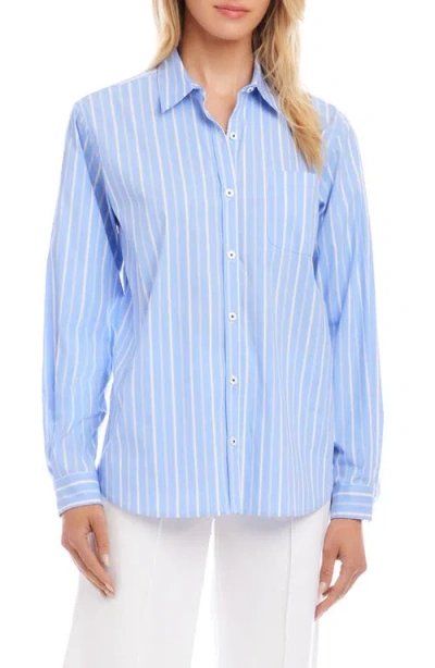 Karen Kane Stripe Cotton Blend Button-up Shirt In Blue