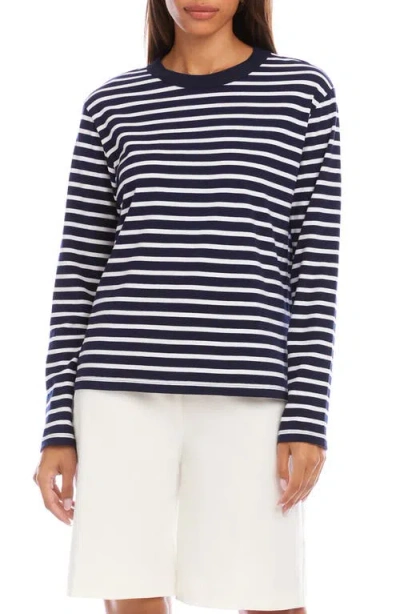 Karen Kane Stripe Long Sleeve Top In Navy With White In Black