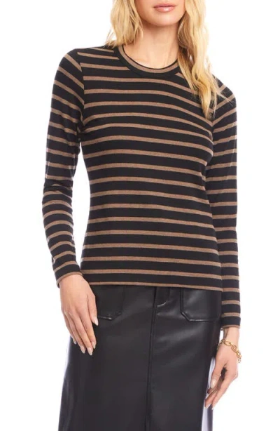 Karen Kane Stripe Crewneck Long Sleeve Top In Brown