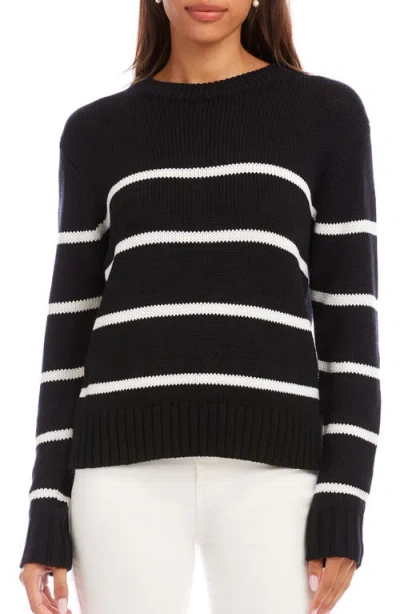 Karen Kane Stripe Crewneck Sweater In Black With Off White