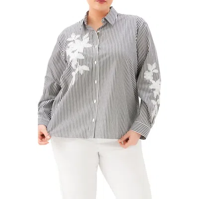 Karen Kane Stripe Embroidered Cotton Blend Button-up Shirt In Gray