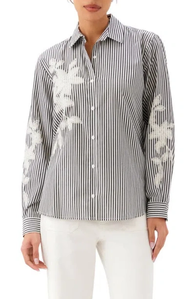 Karen Kane Stripe Embroidered Cotton Blend Button-up Shirt In Multi