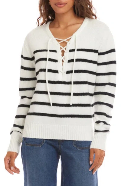 Karen Kane Stripe Lace-up Sweater In White