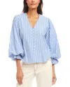 Karen Kane Stripe Layered Sleeve Shirred Blouse In Blue