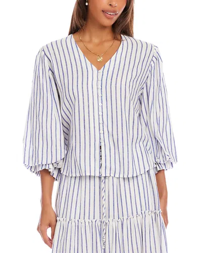 Karen Kane Stripe Layered Sleeve Shirred Blouse In Blue