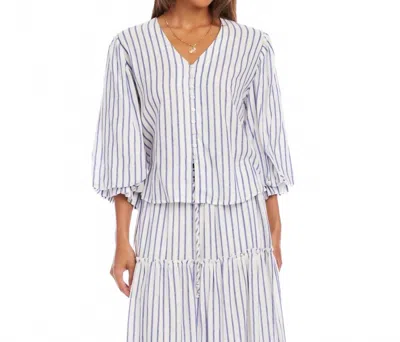 Karen Kane Stripe Layered Sleeve Shirred Blouse In Off White With Blue In Multi